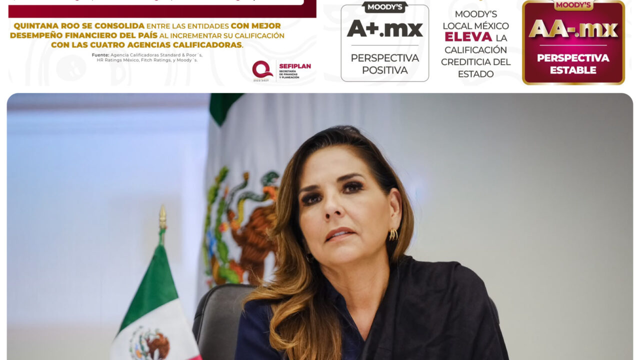 Moody’s eleva la calificación crediticia de Quintana Roo a AA-.mx y reconoce el fortalecimiento de sus finanzas públicas